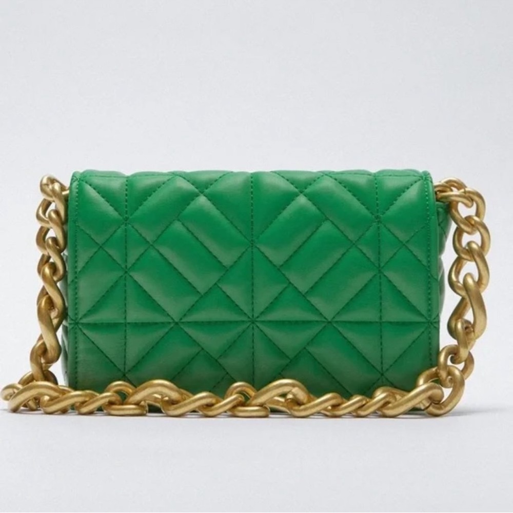 ZARA Green Quilted Shoulder Bag Chain Strap - Picture 1 of 4